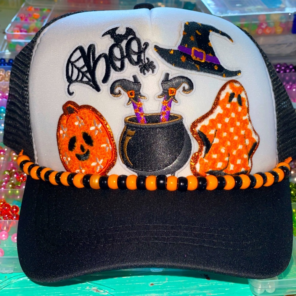 Halloween custom made trucker hat! With hand beaded hat chain! Ghost & pumpkin!